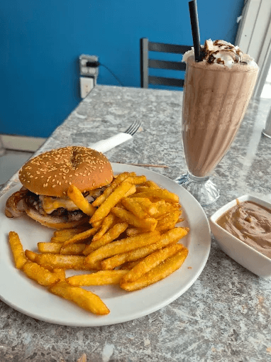 Burger with Fries and Chocolate Shake