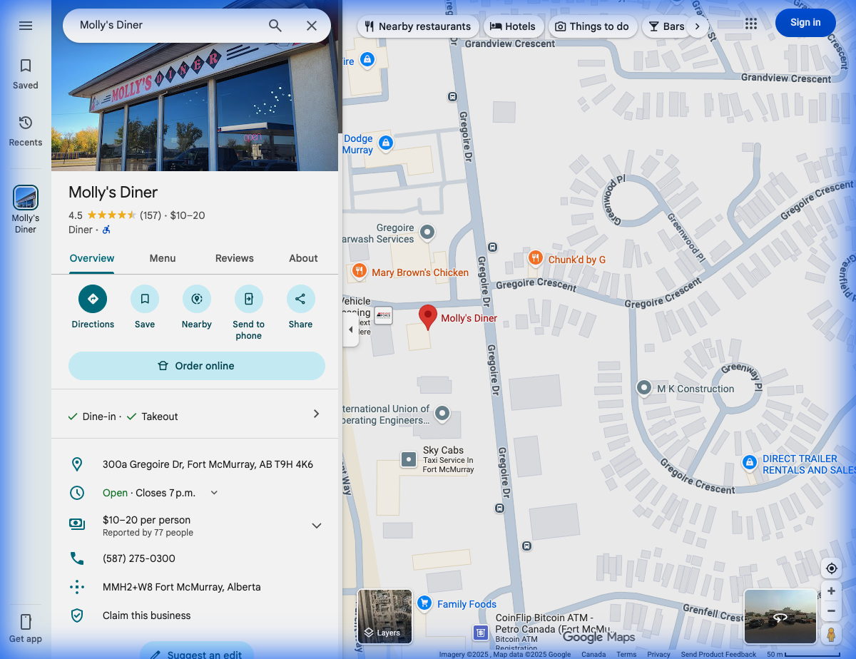 Molly's Diner location on Google Maps